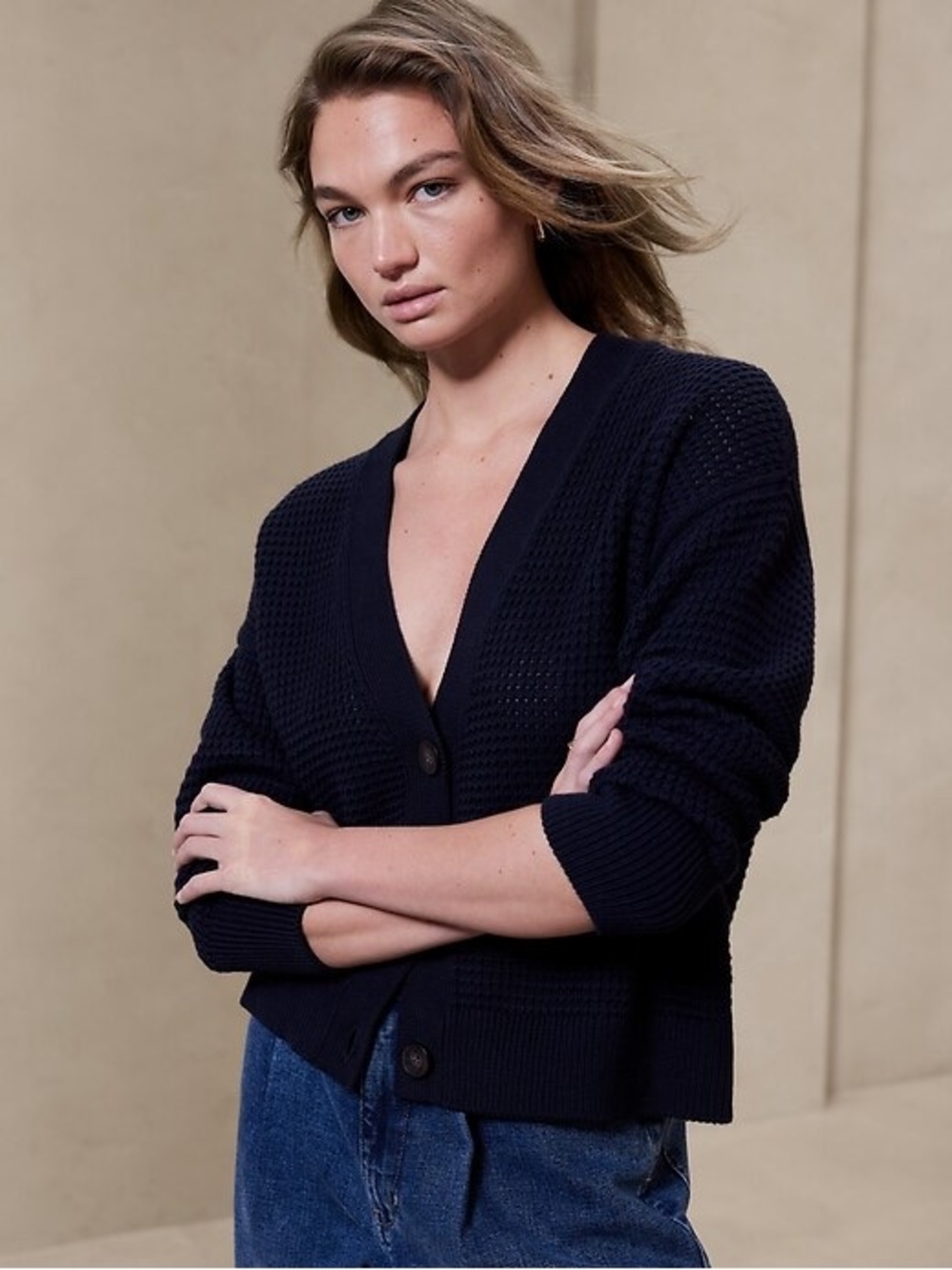 Banana Republic Factory Waffle-Stitch Cardigan. Preppy Navy. NWT. Size medium